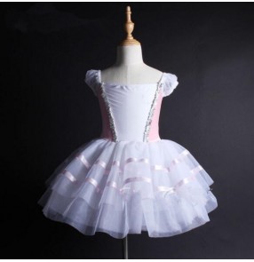 Light pink white patchwork long length short sleeves girls kids children competition performance ballet dance dresses tutu leotard skirts